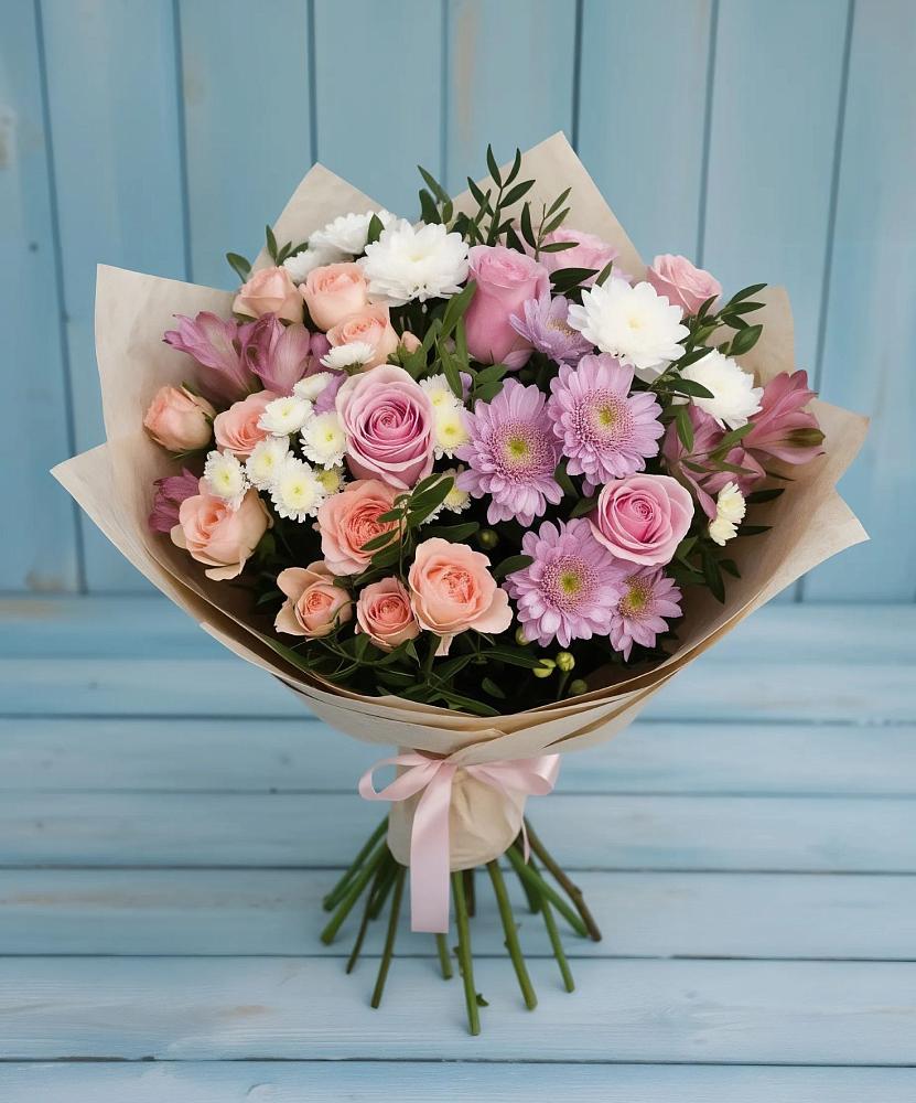 Букет цветов из: Хризантемы, Розы и Альстромерии в Болхове